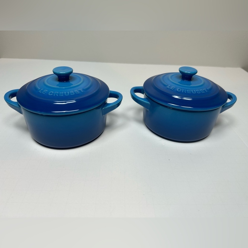 Le Creuset Azure Blue Mini Round Cocotte Marseille  10cm w/ Lid Set of 2